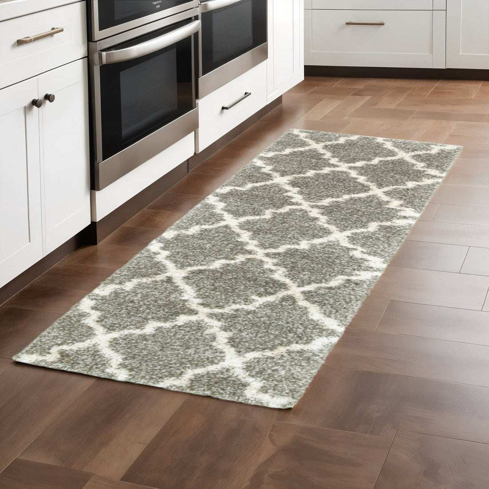 2' X 8' Grey And Ivory Geometric Shag Power Loom Stain Resistant Runner Rug - Homeroots - Flyclothing LLC