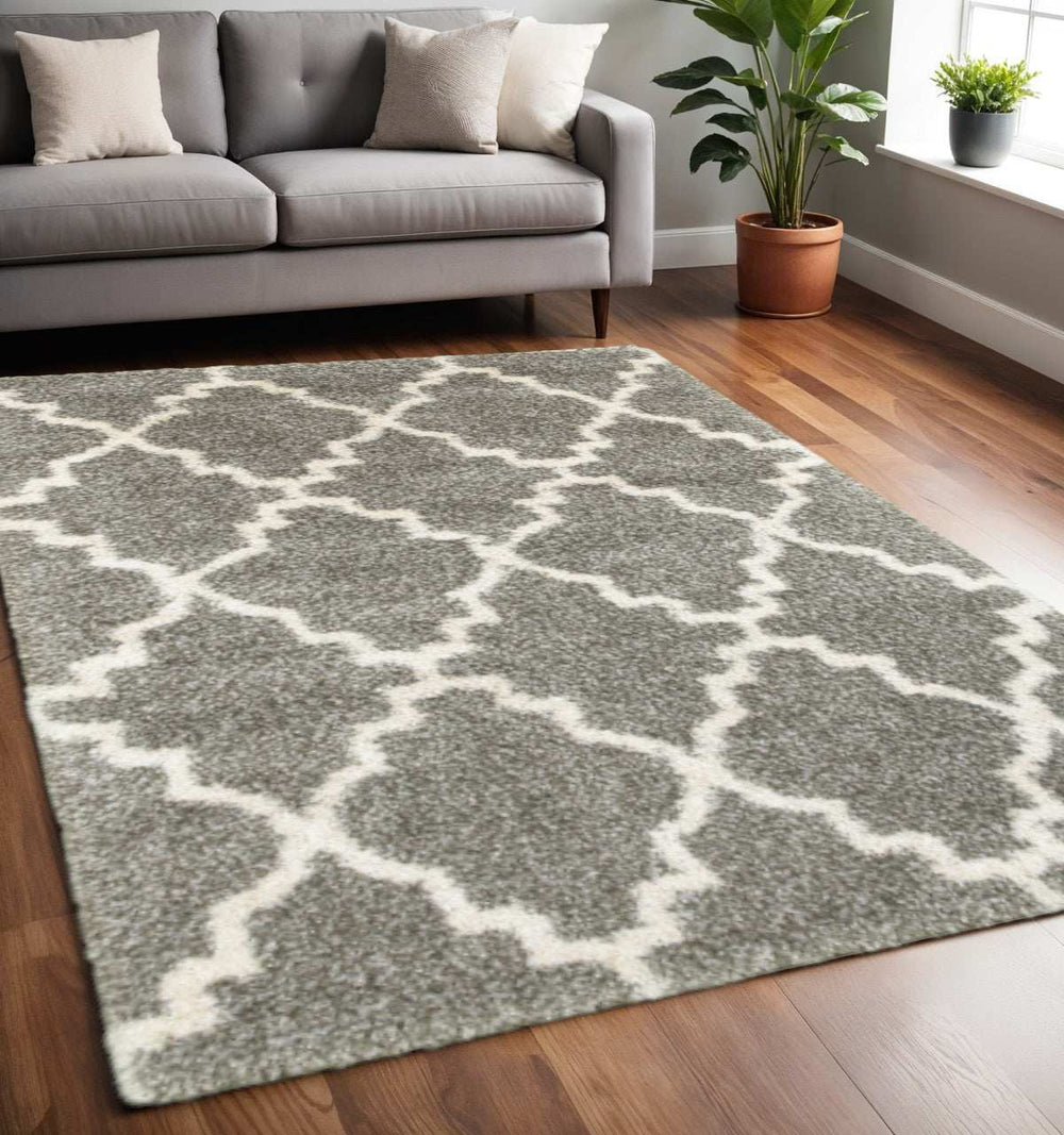 5' X 8' Grey And Ivory Geometric Shag Power Loom Stain Resistant Area Rug - Homeroots - Flyclothing LLC