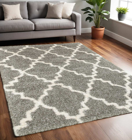 5' X 8' Grey And Ivory Geometric Shag Power Loom Stain Resistant Area Rug - Homeroots - Flyclothing LLC