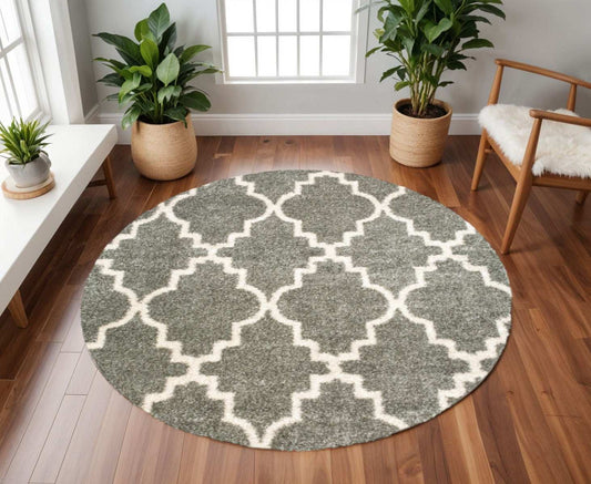 8' Grey Round Geometric Power Loom Stain Resistant Area Rug - Homeroots - Flyclothing LLC