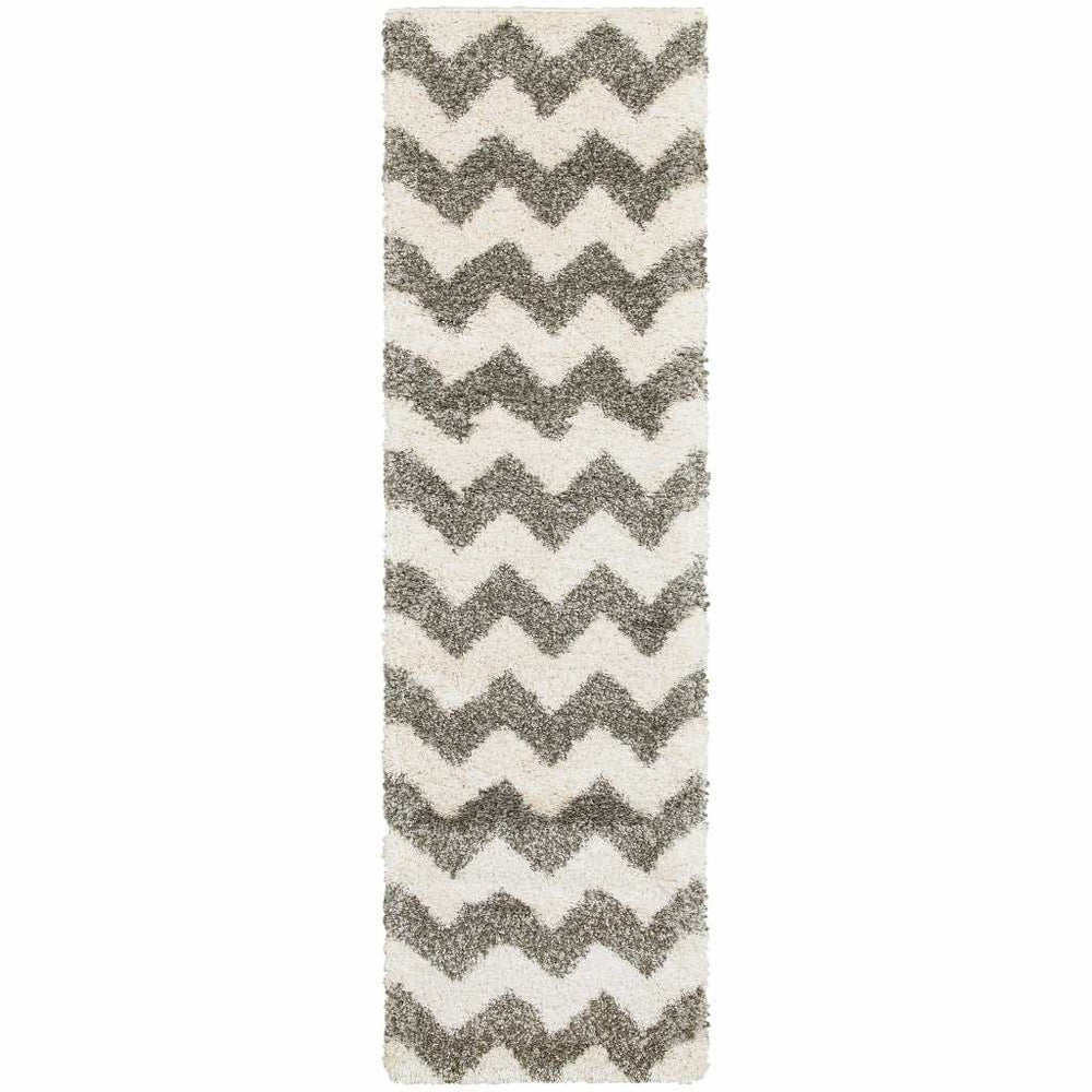 2' X 8' Grey And Ivory Geometric Shag Power Loom Stain Resistant Runner Rug - Homeroots - Flyclothing LLC