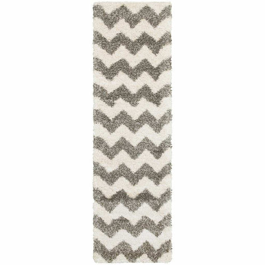 2' X 8' Grey And Ivory Geometric Shag Power Loom Stain Resistant Runner Rug - Homeroots - Flyclothing LLC