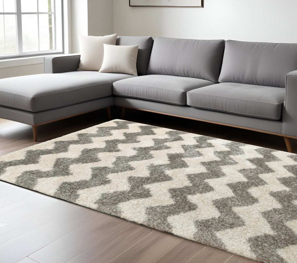 8' X 11' Grey And Ivory Geometric Shag Power Loom Stain Resistant Area Rug - Homeroots - Flyclothing LLC