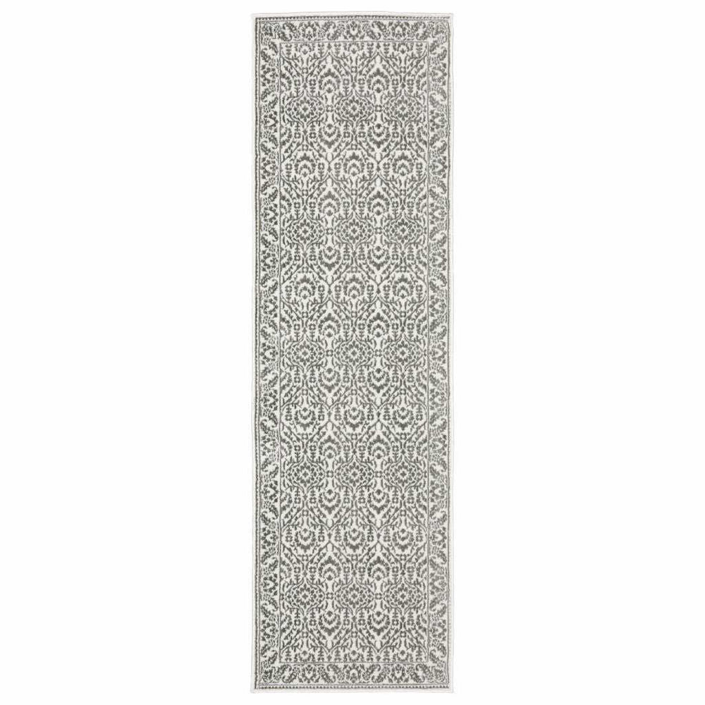 2' X 8' Grey And White Floral Power Loom Stain Resistant Runner Rug - Homeroots - Flyclothing LLC