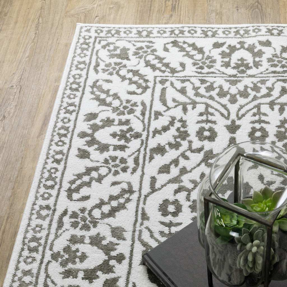 2' X 8' Grey And White Floral Power Loom Stain Resistant Runner Rug - Homeroots - Flyclothing LLC