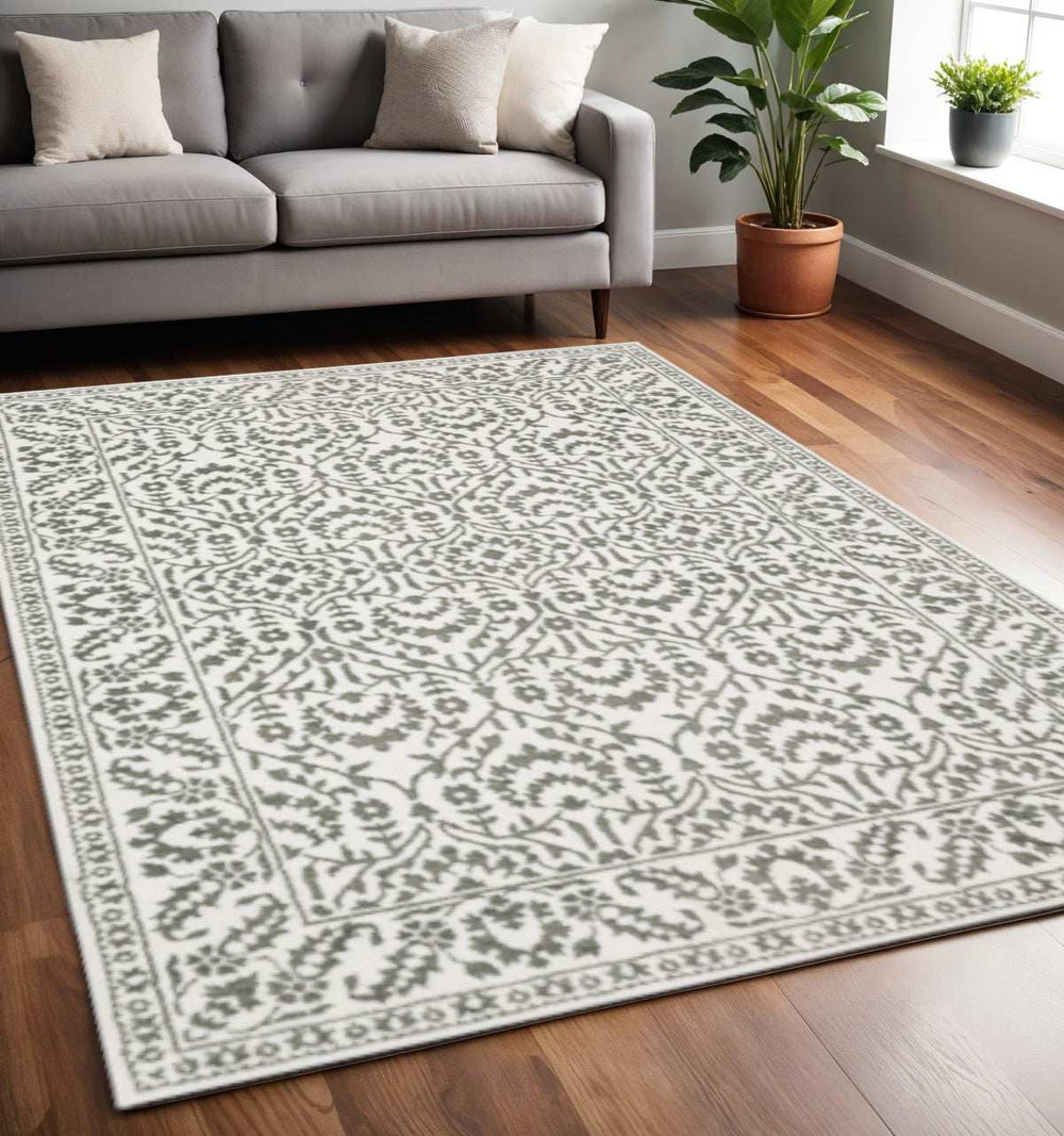 5' X 8' Grey And White Floral Power Loom Stain Resistant Area Rug - Homeroots - Flyclothing LLC