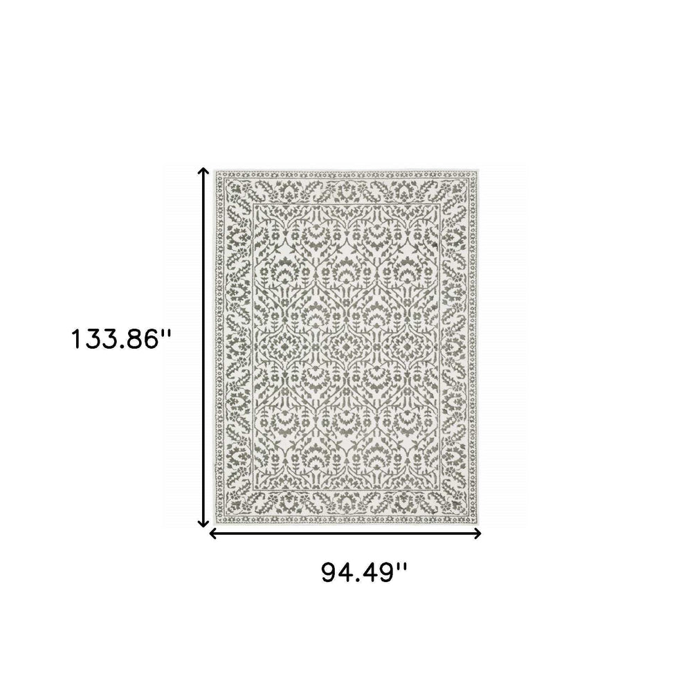 8' X 11' Grey And White Floral Power Loom Stain Resistant Area Rug - Homeroots - Flyclothing LLC