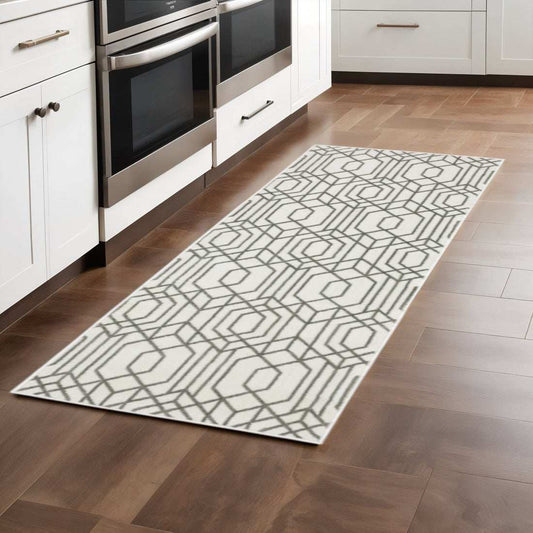 2' X 8' White And Grey Geometric Power Loom Stain Resistant Runner Rug - Homeroots - Flyclothing LLC
