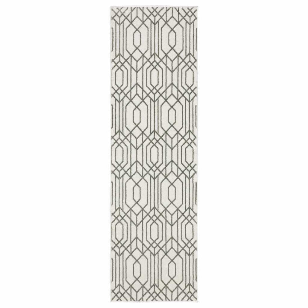 2' X 8' White And Grey Geometric Power Loom Stain Resistant Runner Rug - Homeroots - Flyclothing LLC