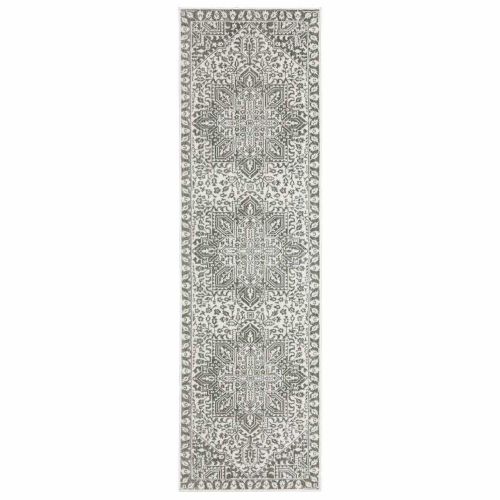 2' X 8' Grey And White Oriental Power Loom Stain Resistant Runner Rug - Homeroots - Flyclothing LLC