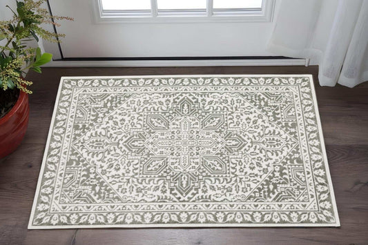 3' X 5' Grey And White Oriental Power Loom Stain Resistant Area Rug - Homeroots - Flyclothing LLC