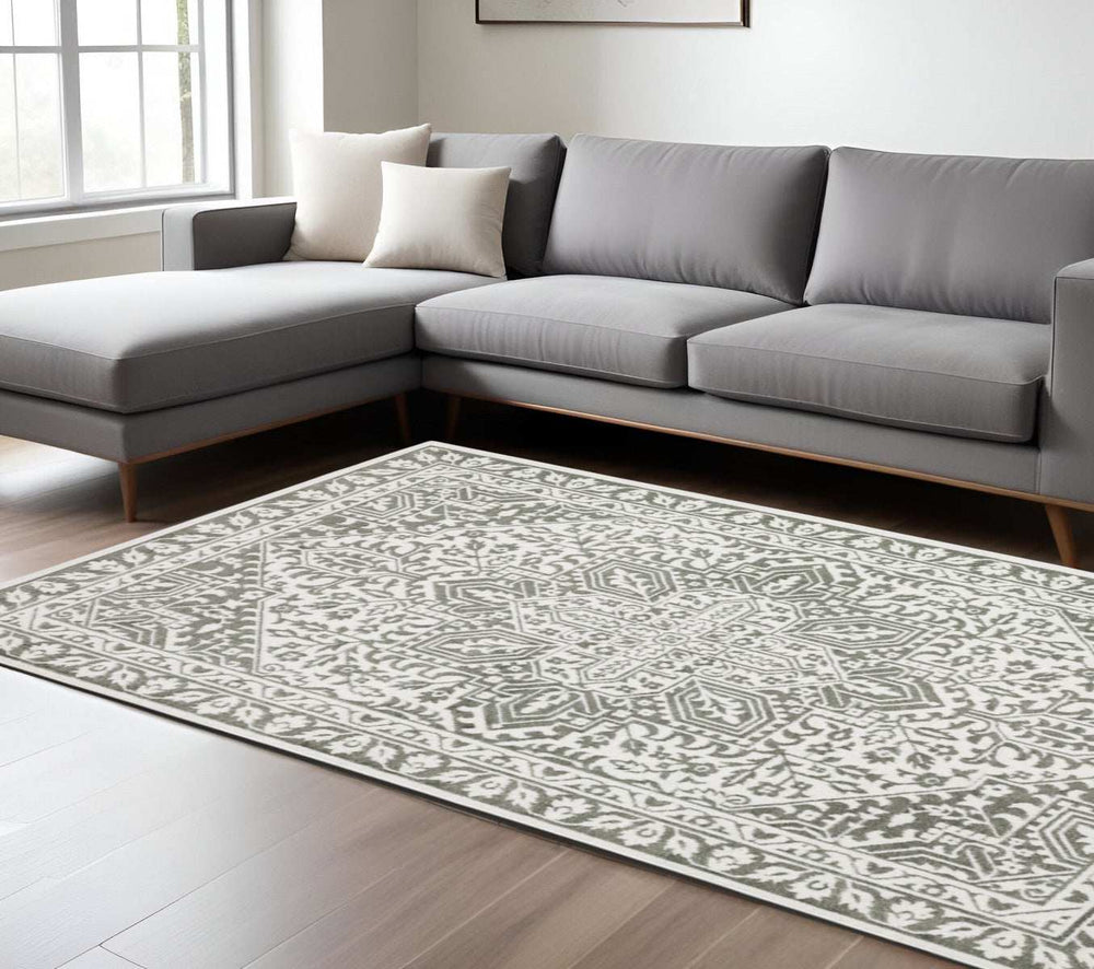 8' X 11' Grey And White Oriental Power Loom Stain Resistant Area Rug - Homeroots - Flyclothing LLC