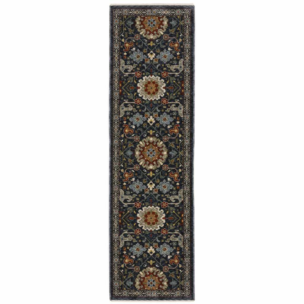 2' X 8' Blue And Ivory Oriental Power Loom Runner Rug With Fringe - Homeroots - Flyclothing LLC
