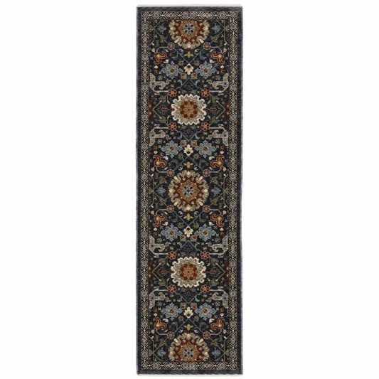 2' X 8' Blue And Ivory Oriental Power Loom Runner Rug With Fringe - Homeroots - Flyclothing LLC