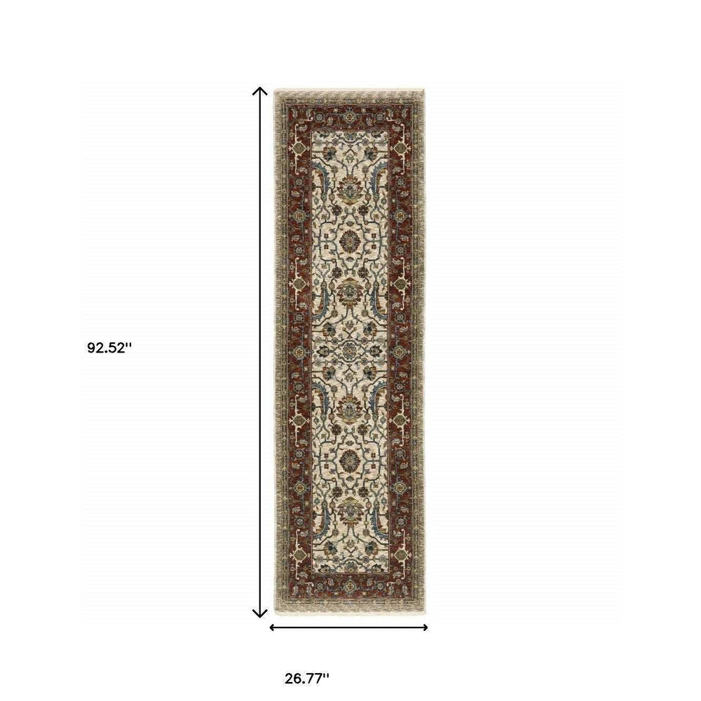 2' X 8' Ivory Red Green Grey Blue And Navy Oriental Power Loom Stain Resistant Runner Rug With Fringe - Homeroots - Flyclothing LLC