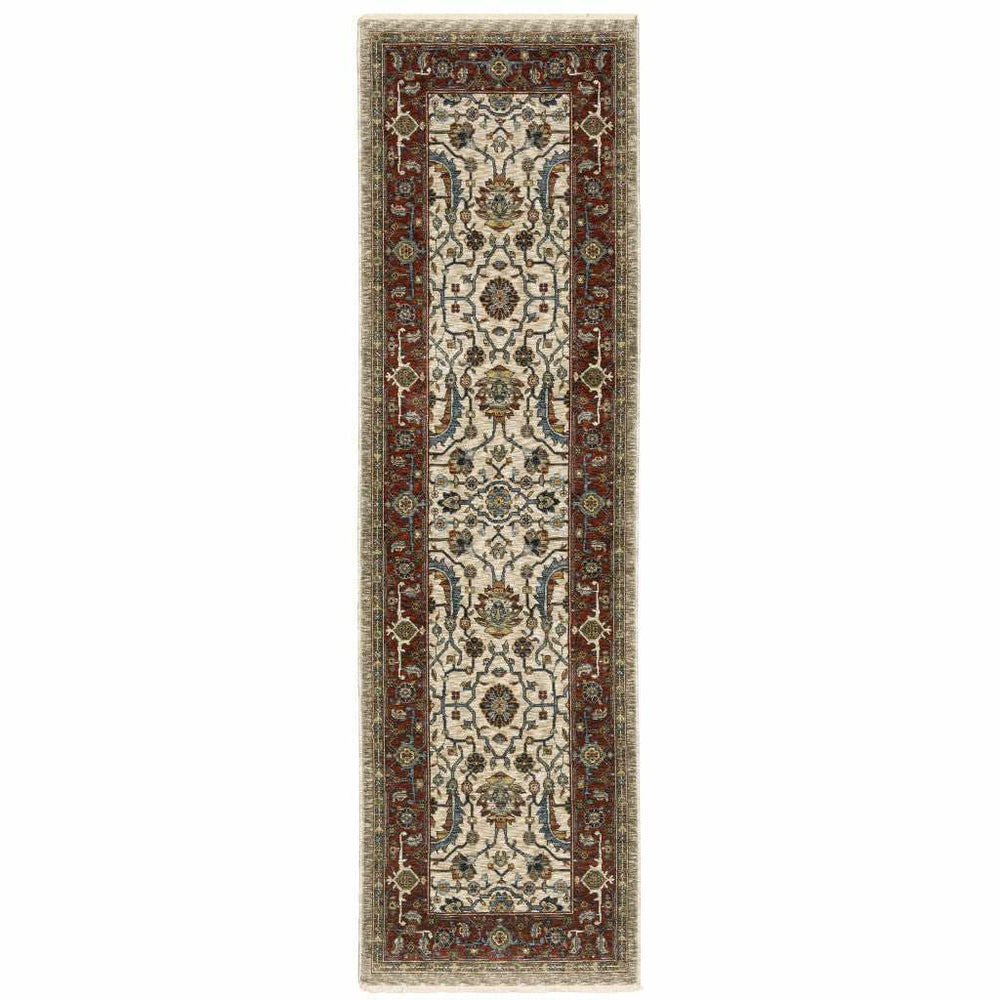 2' X 8' Ivory Red Green Grey Blue And Navy Oriental Power Loom Stain Resistant Runner Rug With Fringe - Homeroots - Flyclothing LLC