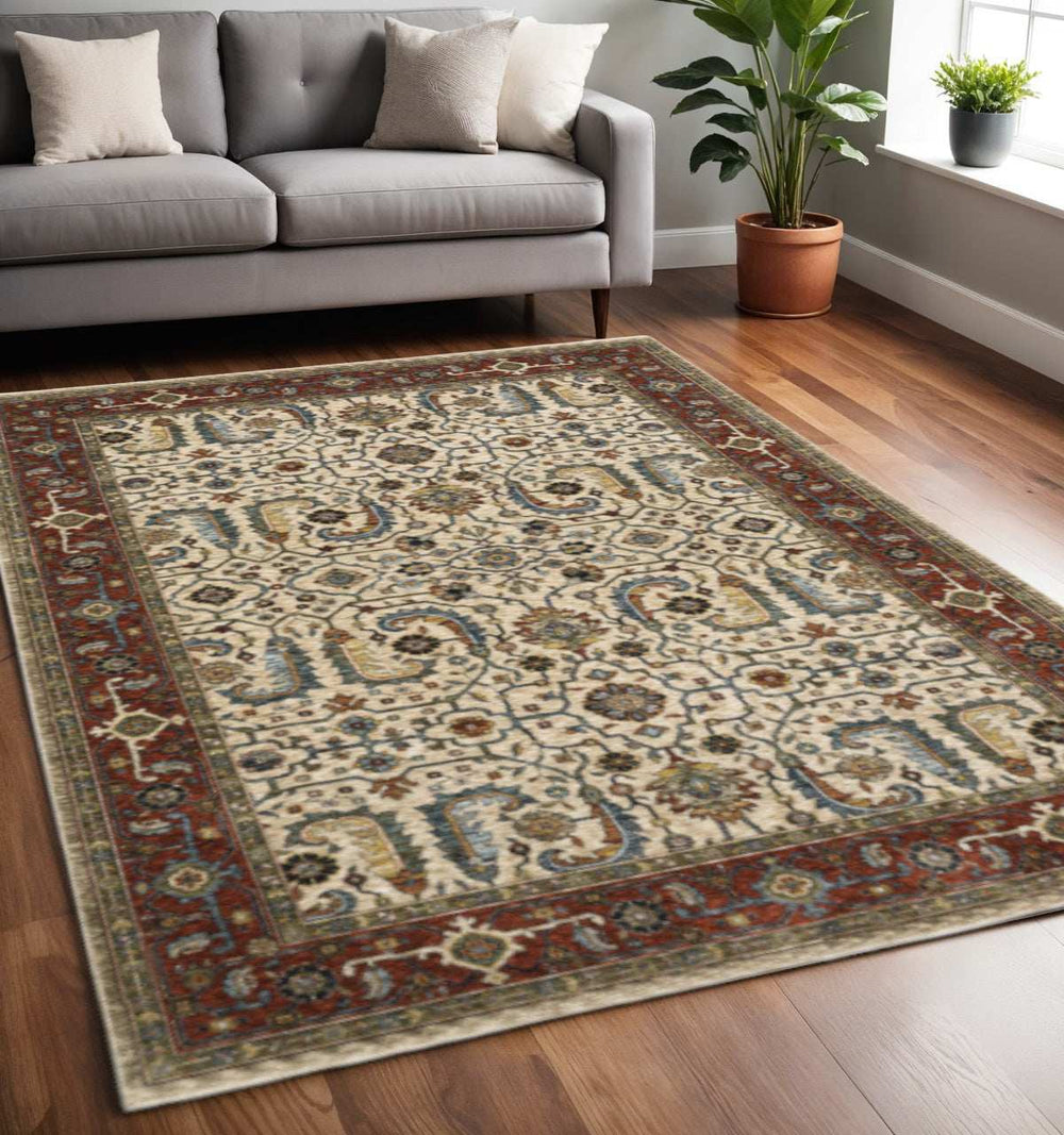 5' X 8' Ivory Red Green Grey Blue And Navy Oriental Power Loom Stain Resistant Area Rug With Fringe - Homeroots - Flyclothing LLC