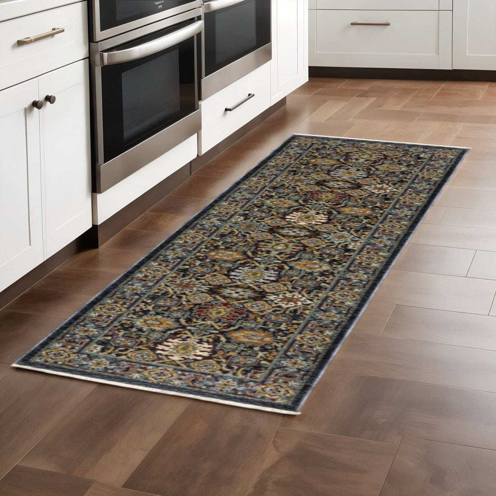 2' X 8' Blue And Beige Oriental Power Loom Runner Rug With Fringe - Homeroots - Flyclothing LLC