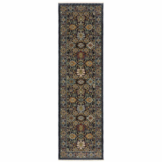 2' X 8' Blue And Beige Oriental Power Loom Runner Rug With Fringe - Homeroots - Flyclothing LLC