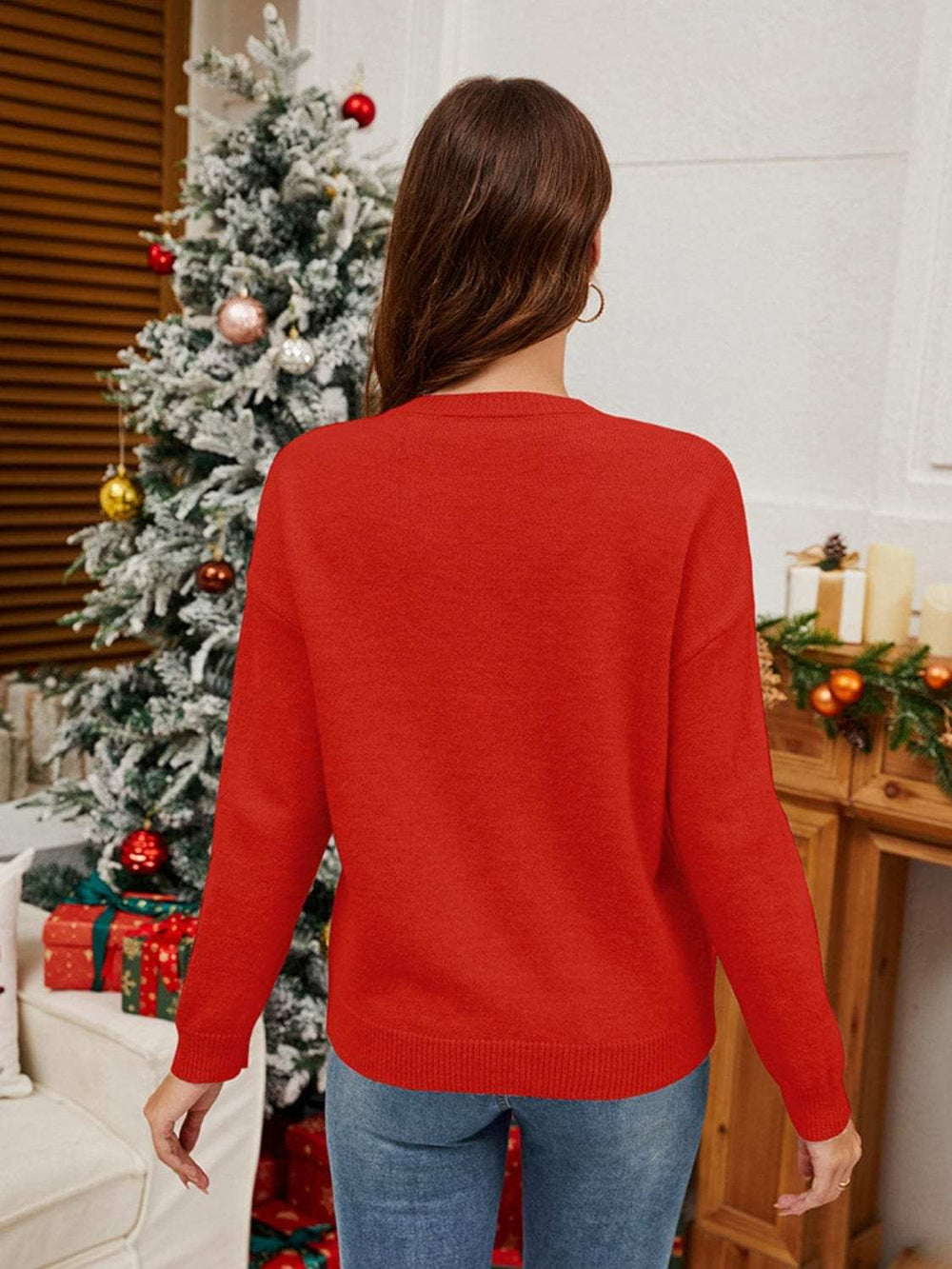 Sequin Candy Cane Round Neck Long Sleeve Sweater - Trendsi - Flyclothing LLC