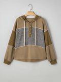 Mixed Texture Patchwork Exposed Seam Half Button Hoodie - Trendsi - Flyclothing LLC