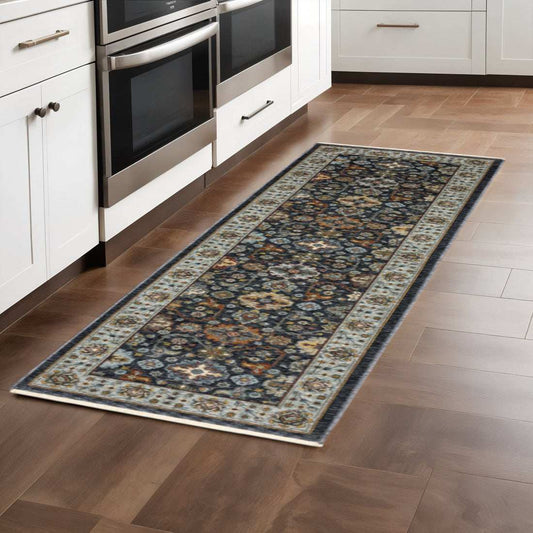 2' X 8' Blue And Beige Oriental Power Loom Runner Rug With Fringe - Homeroots - Flyclothing LLC
