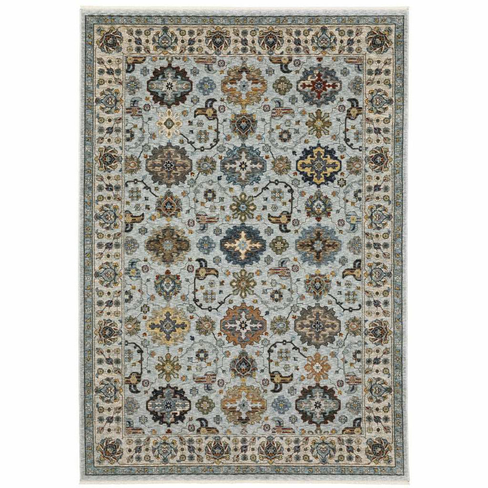 5' X 8' Blue Beige Grey Green Yellow And Rust Oriental Power Loom Stain Resistant Area Rug With Fringe - Homeroots - Flyclothing LLC