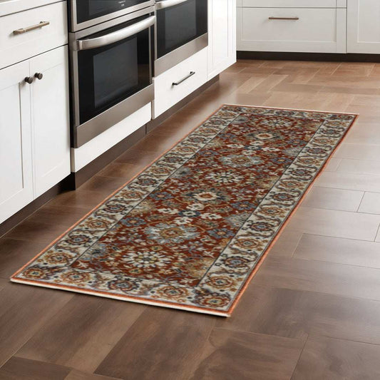 2' X 8' Red Blue Ivory Gold And Navy Oriental Power Loom Stain Resistant Runner Rug With Fringe - Homeroots - Flyclothing LLC