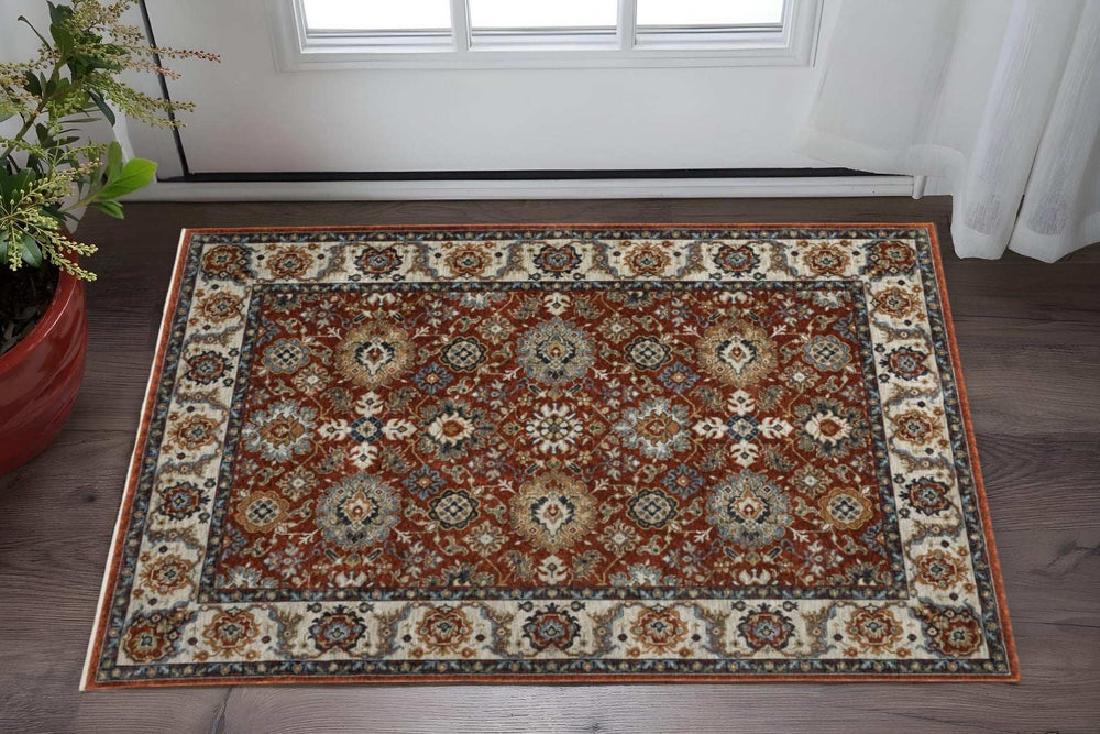 3' X 5' Red Blue Ivory Gold And Navy Oriental Power Loom Stain Resistant Area Rug With Fringe - Homeroots - Flyclothing LLC