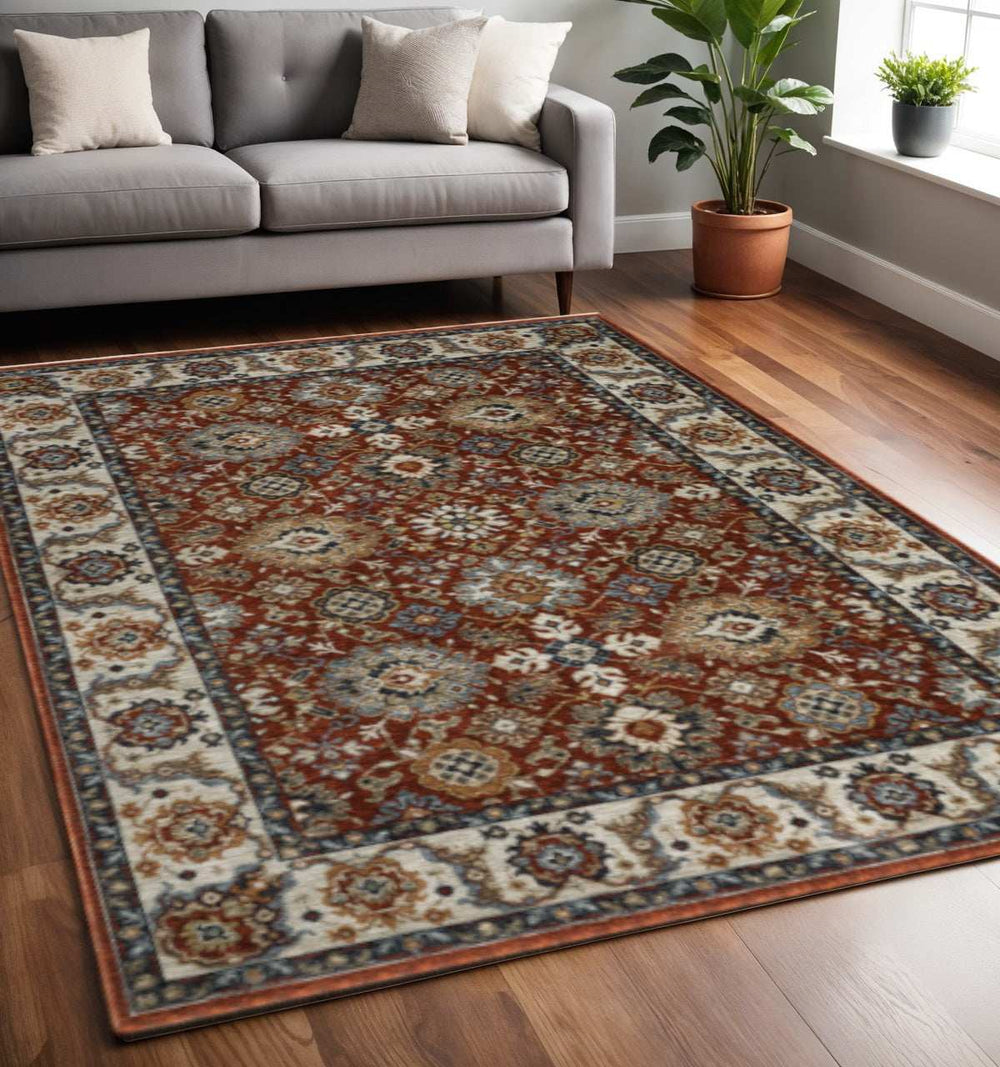 5' X 8' Red Blue Ivory Gold And Navy Oriental Power Loom Stain Resistant Area Rug With Fringe - Homeroots - Flyclothing LLC