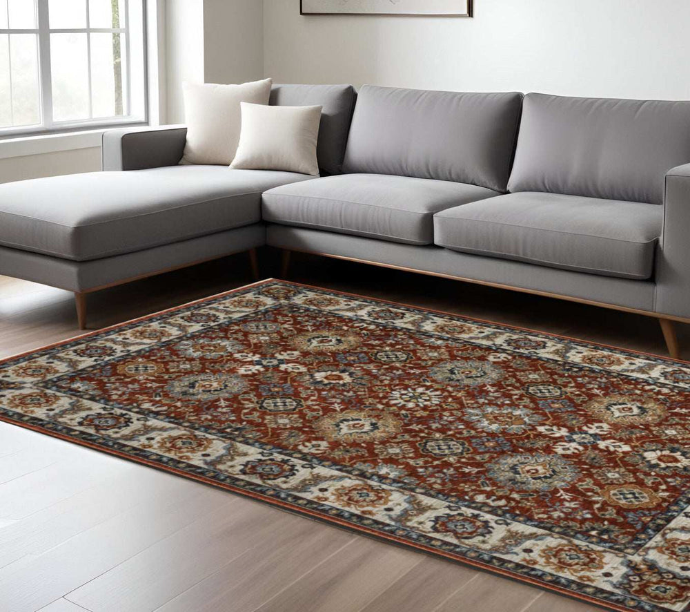 8' X 11' Red Blue Ivory Gold And Navy Oriental Power Loom Stain Resistant Area Rug With Fringe - Homeroots - Flyclothing LLC