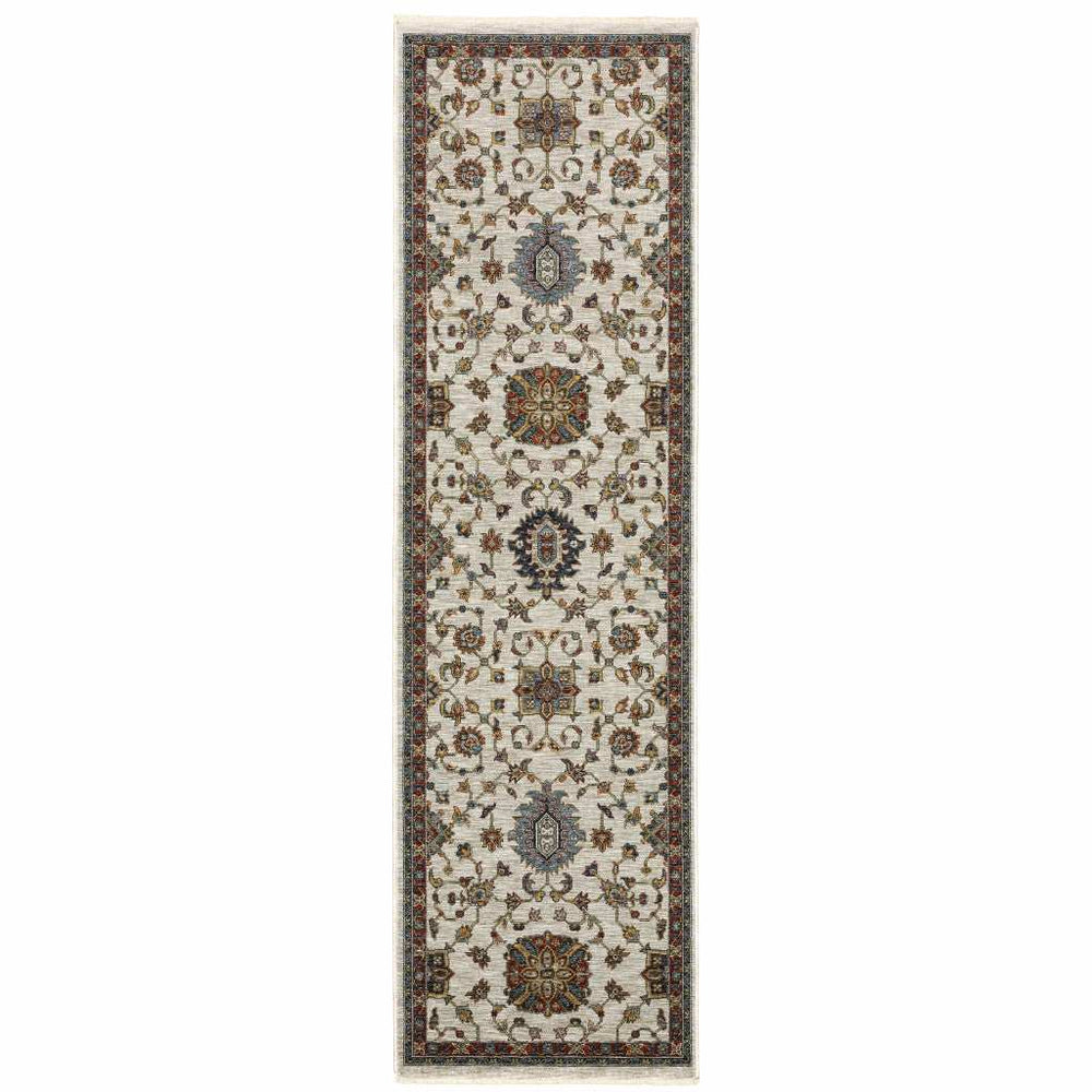 2' X 8' Beige Rust Red Blue Gold And Grey Oriental Power Loom Stain Resistant Runner Rug With Fringe - Homeroots - Flyclothing LLC