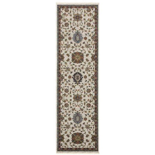 2' X 8' Beige Rust Red Blue Gold And Grey Oriental Power Loom Stain Resistant Runner Rug With Fringe - Homeroots - Flyclothing LLC