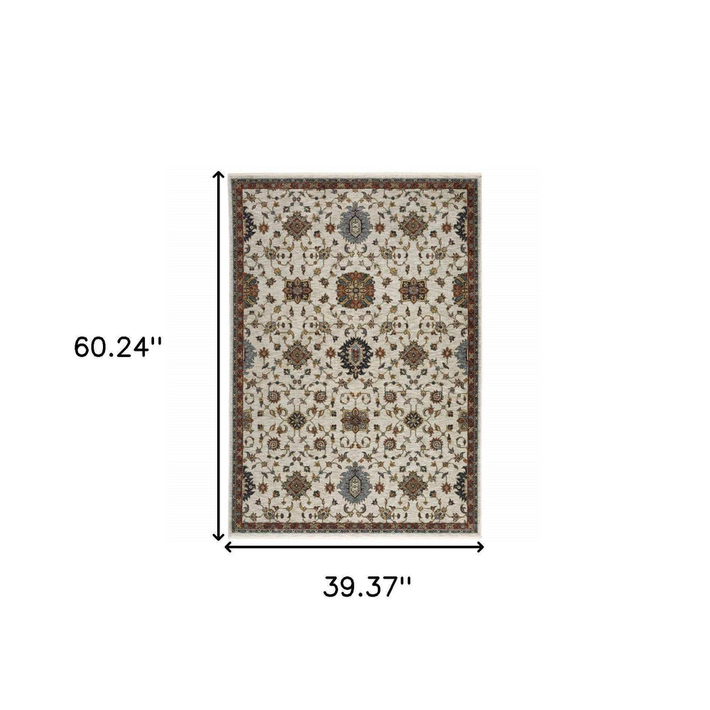 3' X 5' Beige Rust Red Blue Gold And Grey Oriental Power Loom Stain Resistant Area Rug With Fringe - Homeroots - Flyclothing LLC