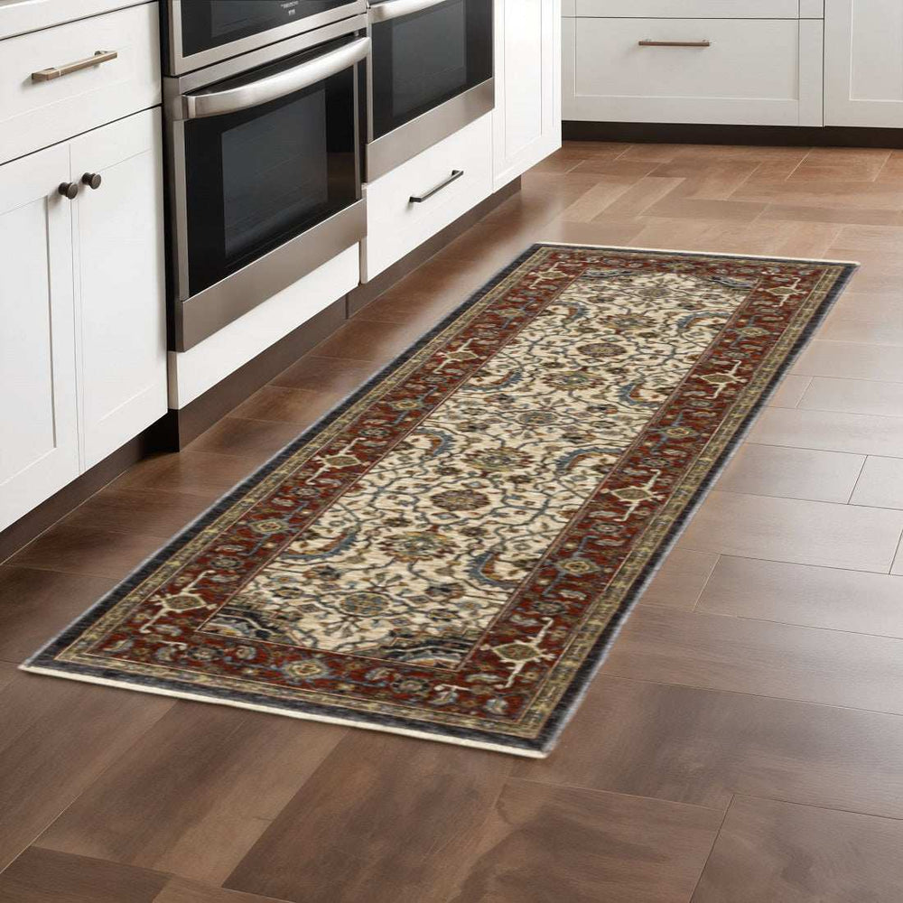 2' X 8' Ivory Beige Red Blue Gold Green And Navy Oriental Power Loom Stain Resistant Runner Rug With Fringe - Homeroots - Flyclothing LLC