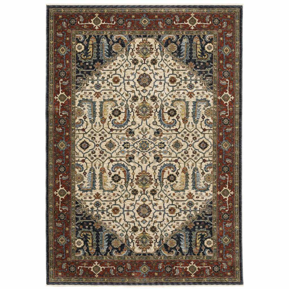 3' X 5' Ivory Beige Red Blue Gold Green And Navy Oriental Power Loom Stain Resistant Area Rug With Fringe - Homeroots - Flyclothing LLC