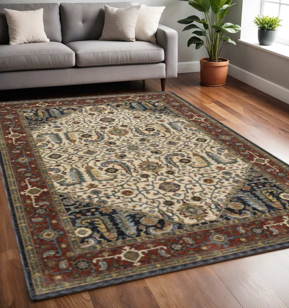 5' X 8' Ivory Beige Red Blue Gold Green And Navy Oriental Power Loom Stain Resistant Area Rug With Fringe - Homeroots - Flyclothing LLC