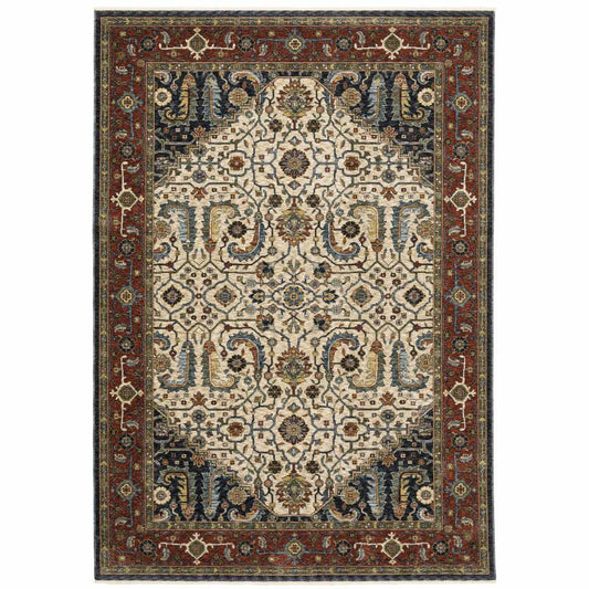 8' X 11' Ivory Beige Red Blue Gold Green And Navy Oriental Power Loom Stain Resistant Area Rug With Fringe - Homeroots - Flyclothing LLC