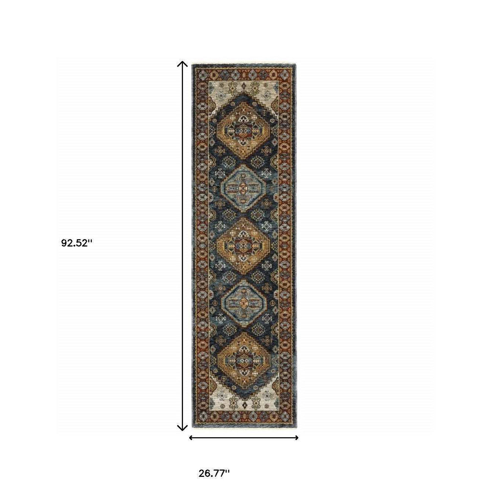 2' X 8' Blue And Beige Oriental Power Loom Runner Rug With Fringe - Homeroots - Flyclothing LLC