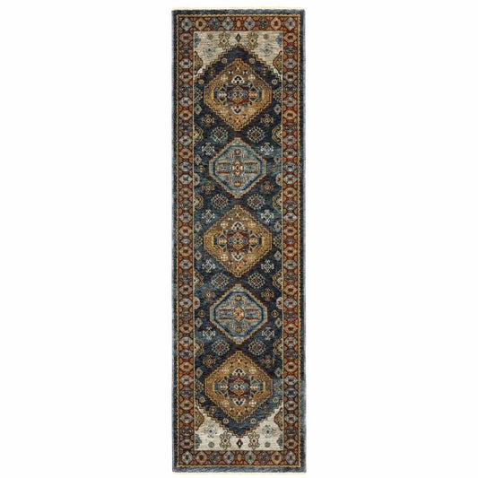2' X 8' Blue And Beige Oriental Power Loom Runner Rug With Fringe - Homeroots - Flyclothing LLC