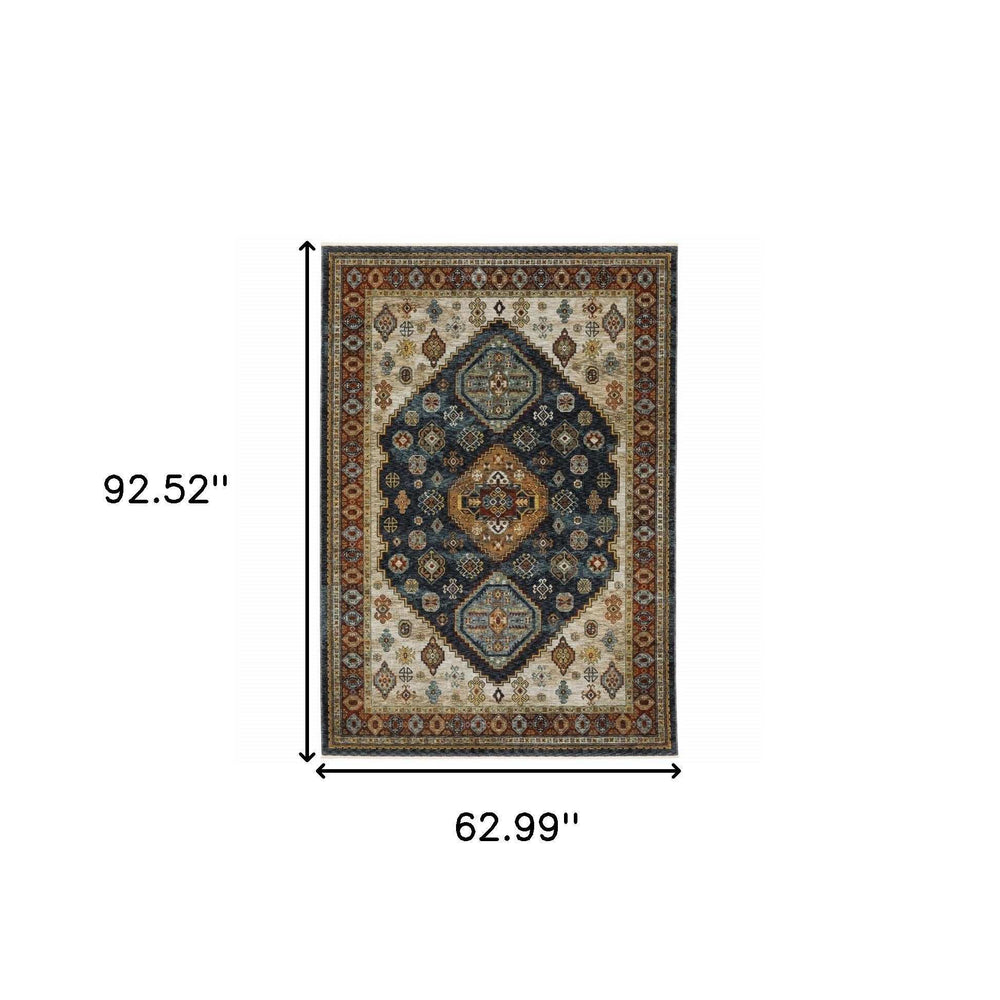 5' X 8' Blue Red Beige Orange Gold And Tan Oriental Power Loom Stain Resistant Area Rug With Fringe - Homeroots - Flyclothing LLC