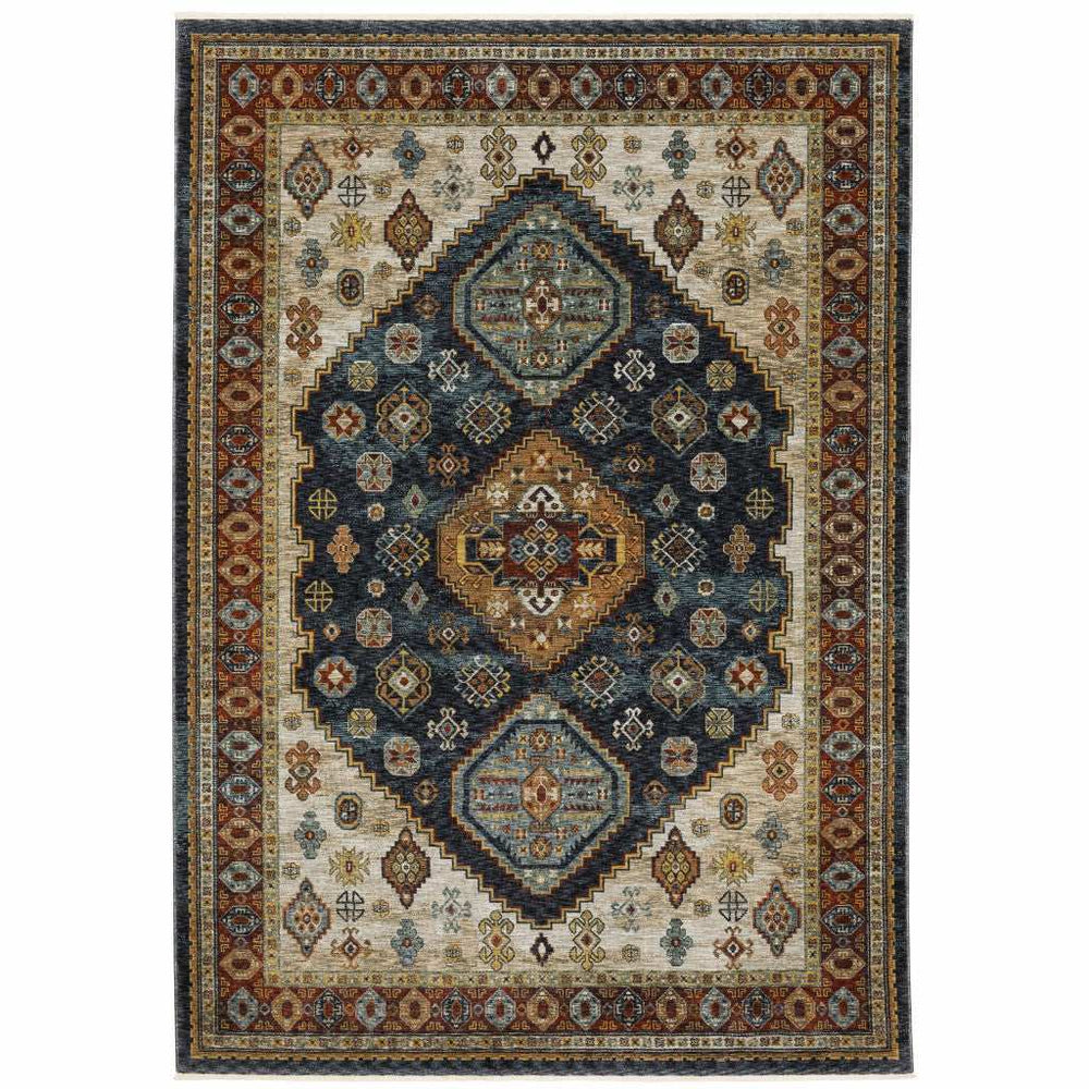 5' X 8' Blue Red Beige Orange Gold And Tan Oriental Power Loom Stain Resistant Area Rug With Fringe - Homeroots - Flyclothing LLC