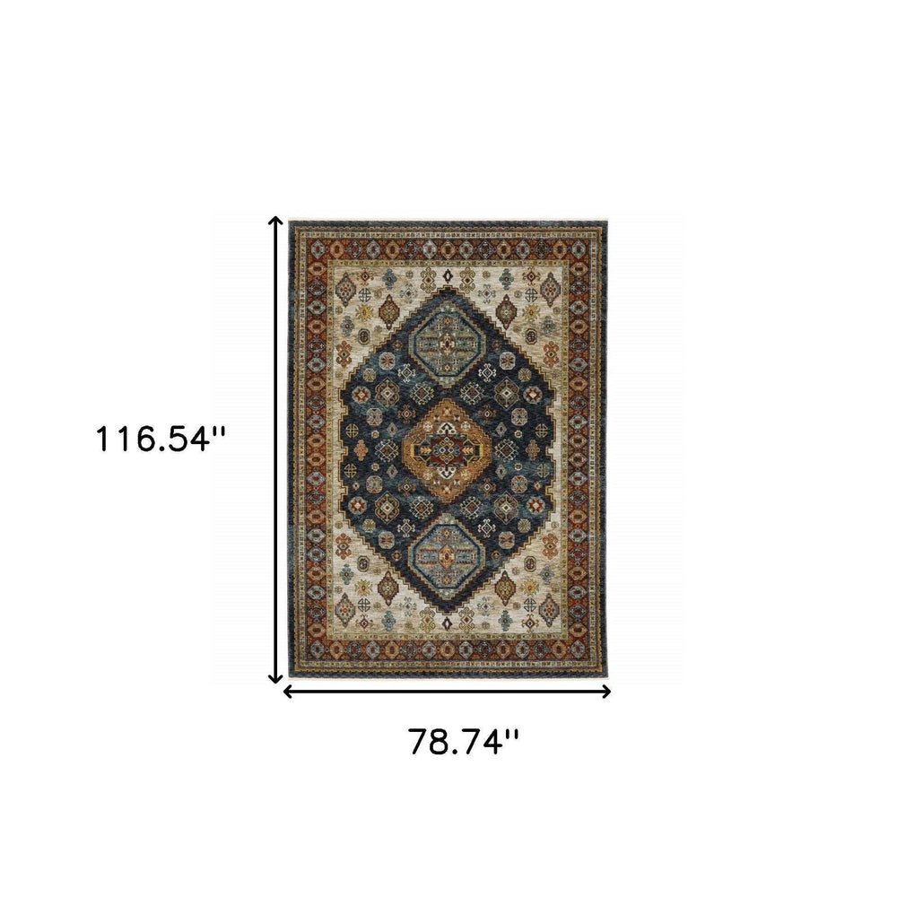 6' X 9' Blue Red Beige Orange Gold And Tan Oriental Power Loom Stain Resistant Area Rug With Fringe - Homeroots - Flyclothing LLC