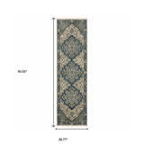 2' X 8' Blue And Beige Oriental Power Loom Runner Rug With Fringe - Homeroots - Flyclothing LLC
