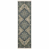 2' X 8' Blue And Beige Oriental Power Loom Runner Rug With Fringe - Homeroots - Flyclothing LLC