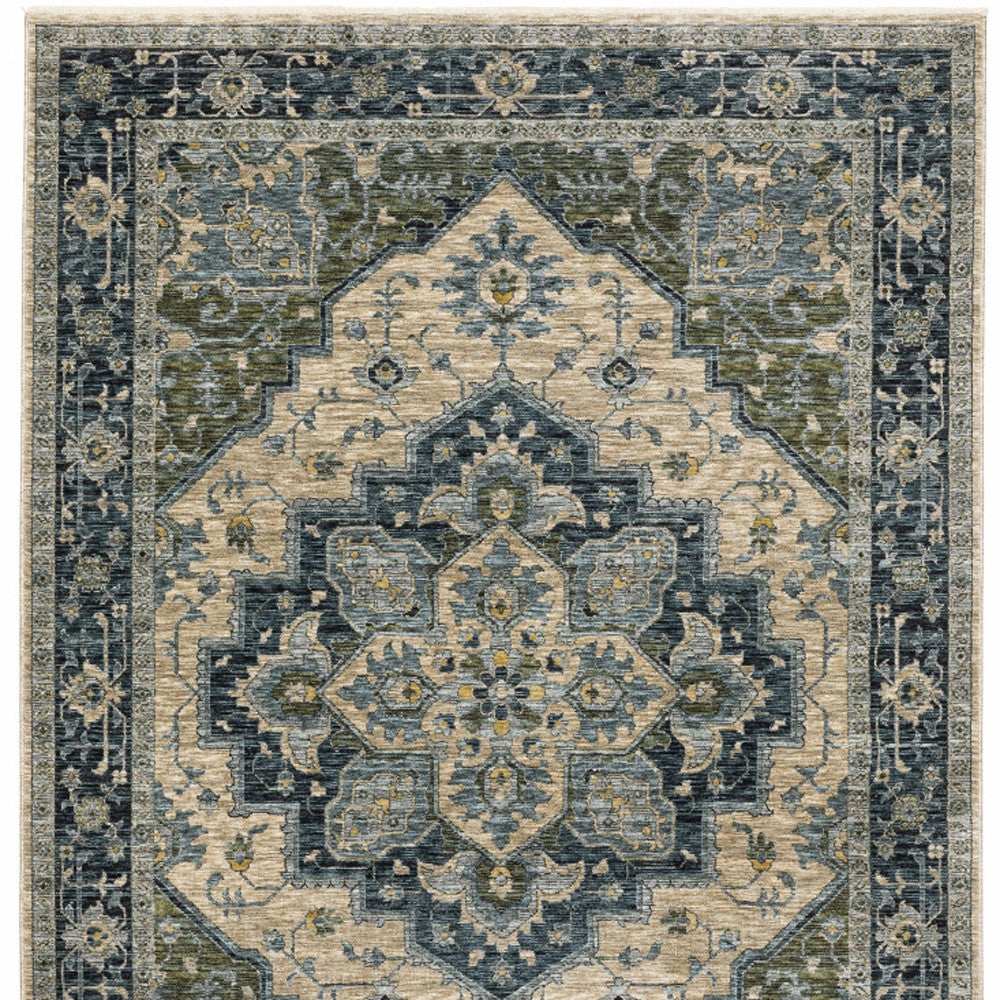 2' X 3' Blue Grey Beige Tan Green And Gold Oriental Power Loom Stain Resistant Area Rug With Fringe - Homeroots - Flyclothing LLC