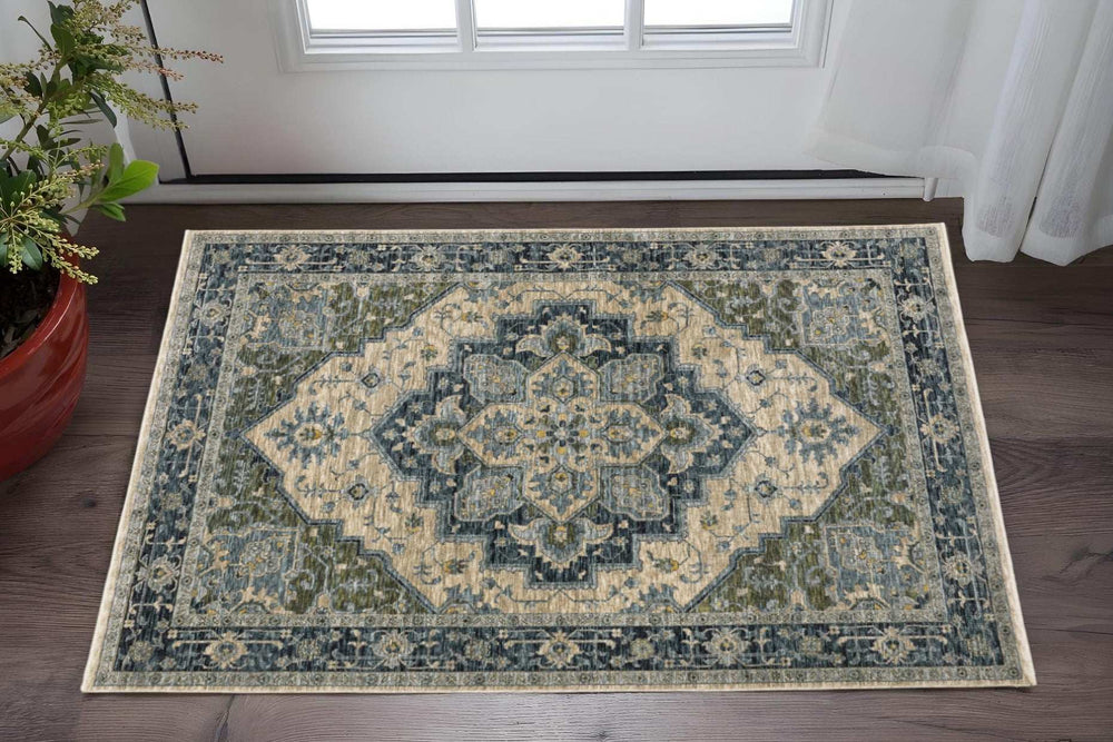3' X 5' Blue Grey Beige Tan Green And Gold Oriental Power Loom Stain Resistant Area Rug With Fringe - Homeroots - Flyclothing LLC