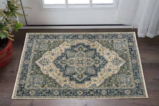 3' X 5' Blue Grey Beige Tan Green And Gold Oriental Power Loom Stain Resistant Area Rug With Fringe - Homeroots - Flyclothing LLC