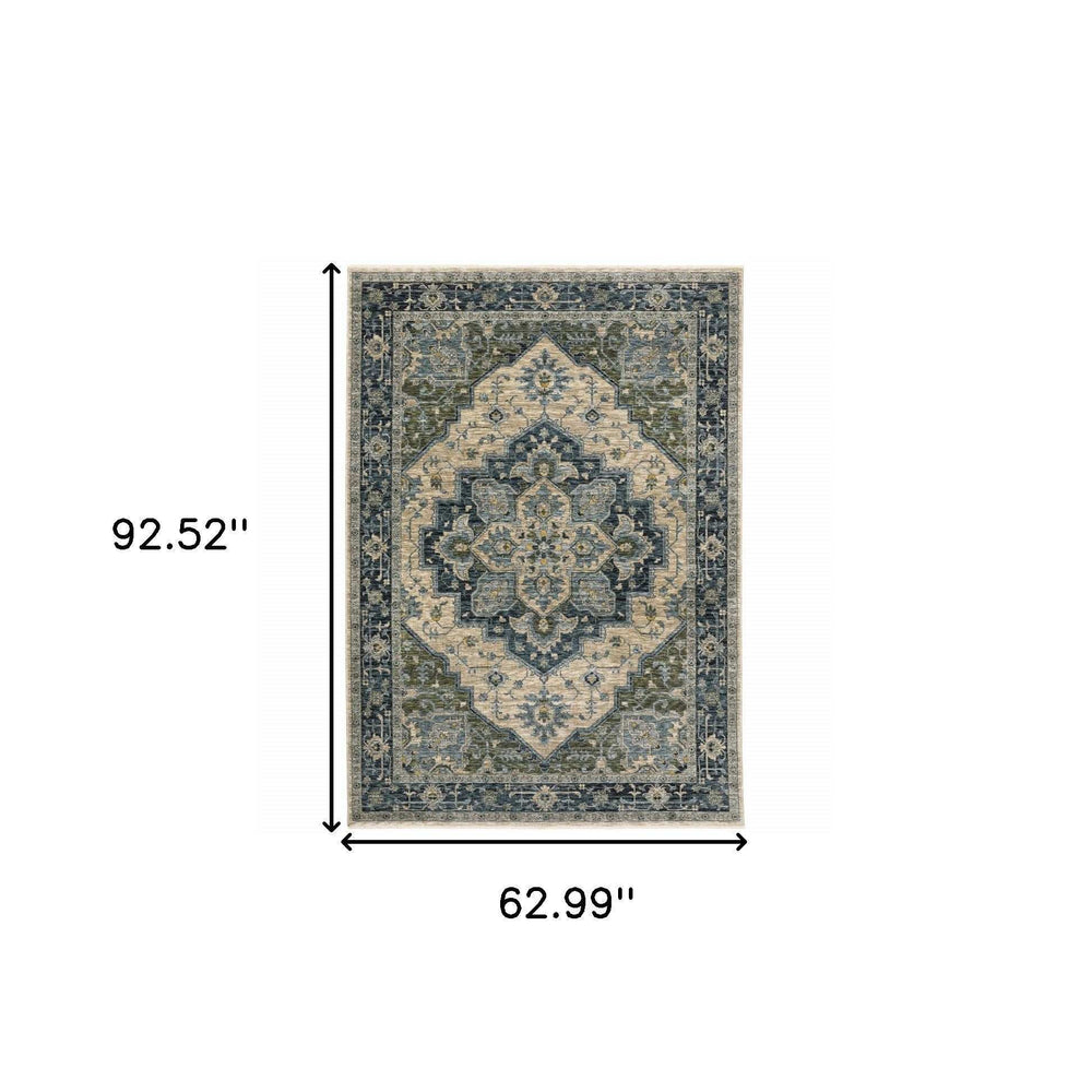 5' X 8' Blue Grey Beige Tan Green And Gold Oriental Power Loom Stain Resistant Area Rug With Fringe - Homeroots - Flyclothing LLC