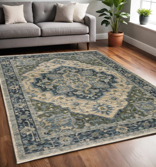 5' X 8' Blue Grey Beige Tan Green And Gold Oriental Power Loom Stain Resistant Area Rug With Fringe - Homeroots - Flyclothing LLC